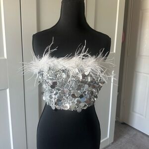 Silver Sequin Feather Tube Top